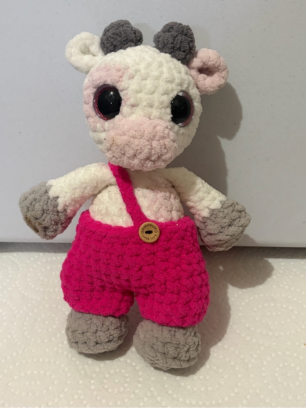 Cute standing crochet handmade cow plush with overalls